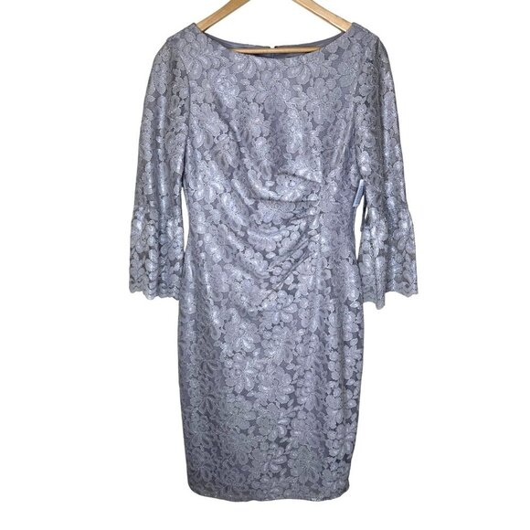 Jessica Howard Dress Womens Size 6 Floral Lace Bell Sleeve Sheath Silver NEW - Picture 2 of 11